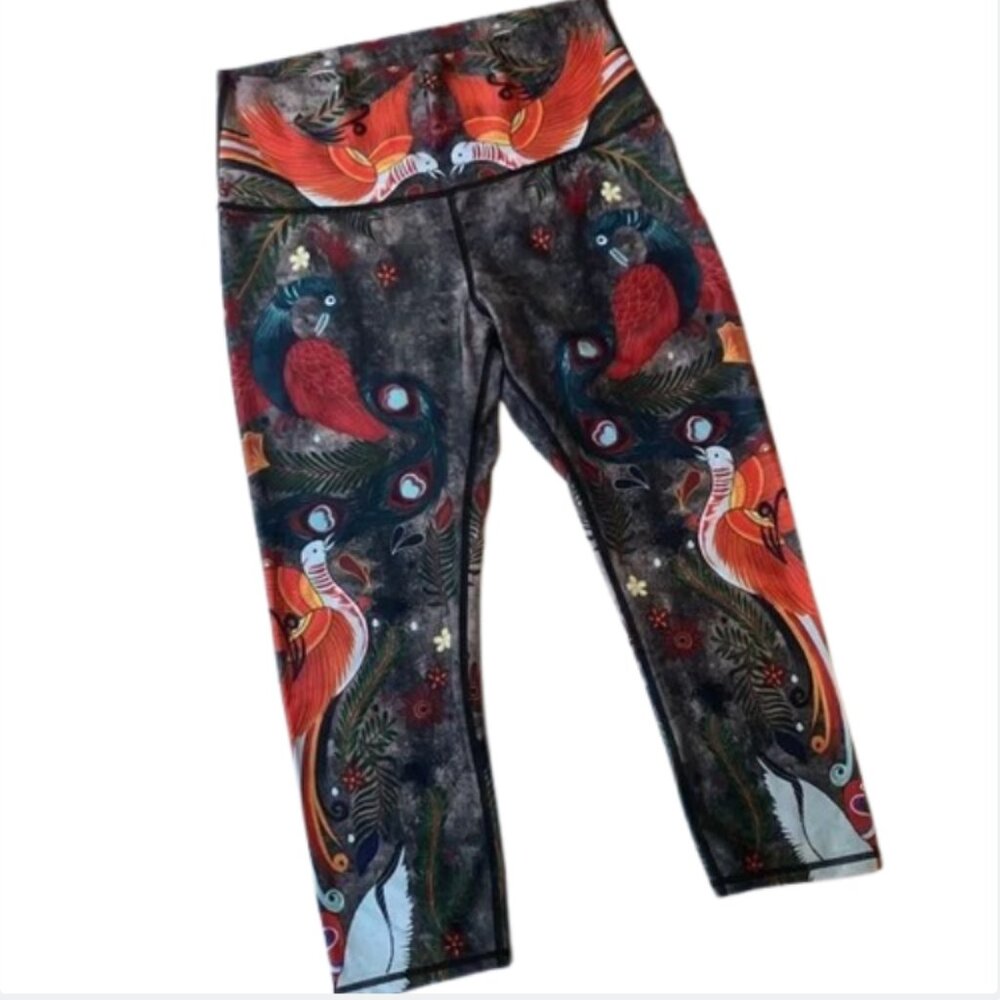 Yoga Democracy Diiso crop leggings orange blue bird peacock boho size L